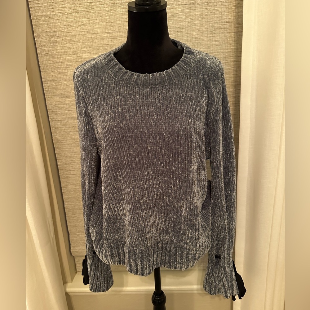 Cupid Light Green Chenille Sweater with Black Bows Tied on the Ruffled Cuffs